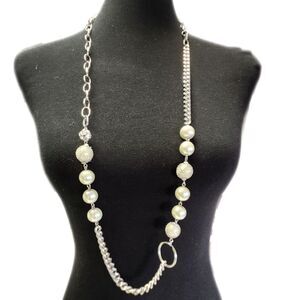 Silver Toned Long Necklace, Faux Pearls &  Clear Gemstones, 20"